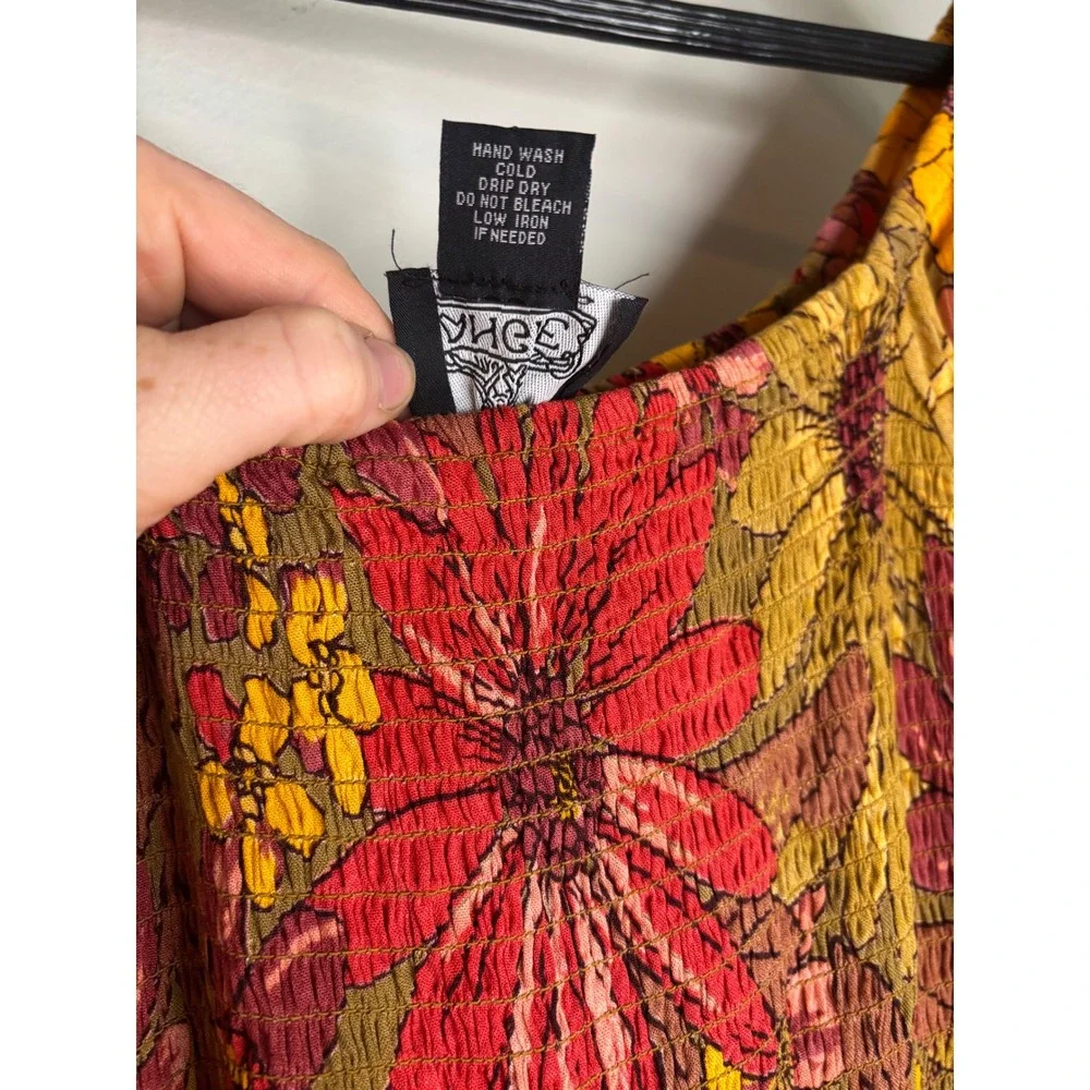 Angie Floral Smocked Maxi Dress S Yellow Red Boho Puff Sleeve Cottagecore - Picture 3 of 6